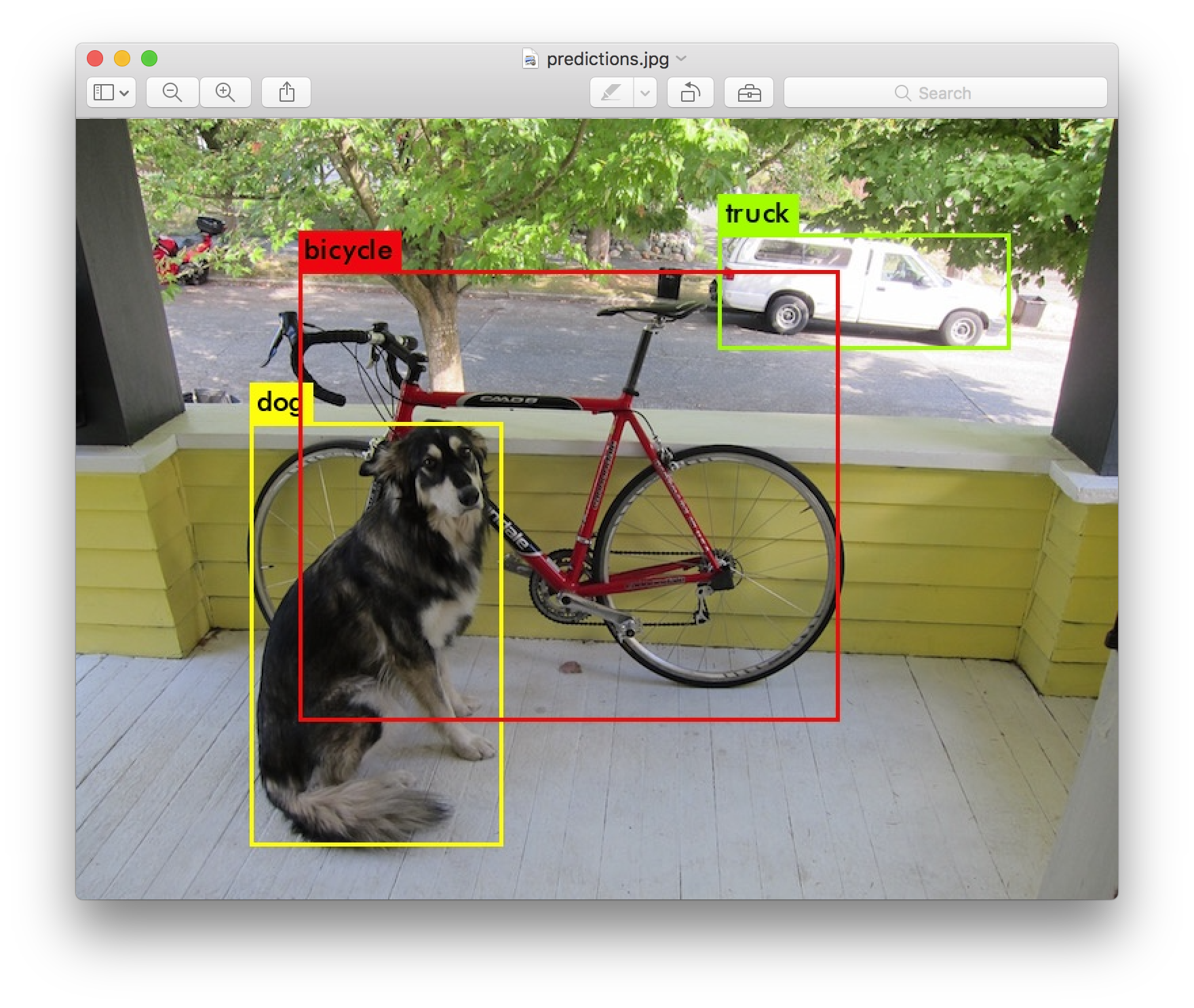 Image of a porch showing color boxes around the predictions detected by YOLO
model including a dog, a bicycle and a truck
