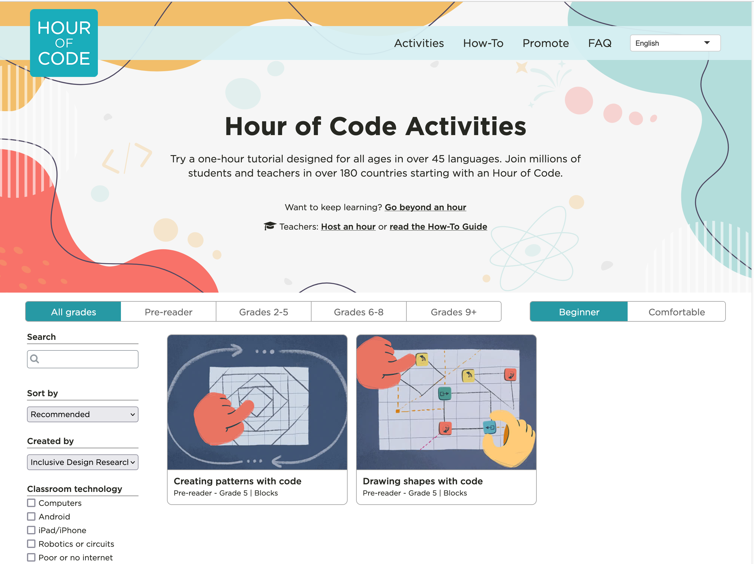 A screenshot of the Hour of Code website showing Coding to Learn and Create activities.